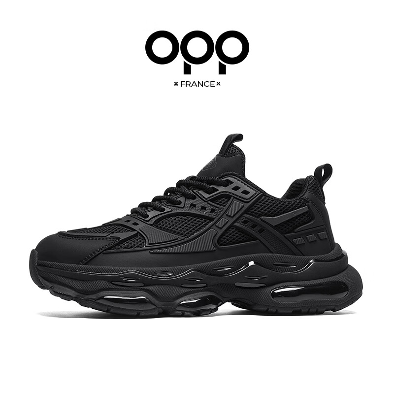 OPP男鞋夏季透气2026新款高级感老爹鞋男士运动鞋百搭休闲鞋软底增高 黑色 单层 44