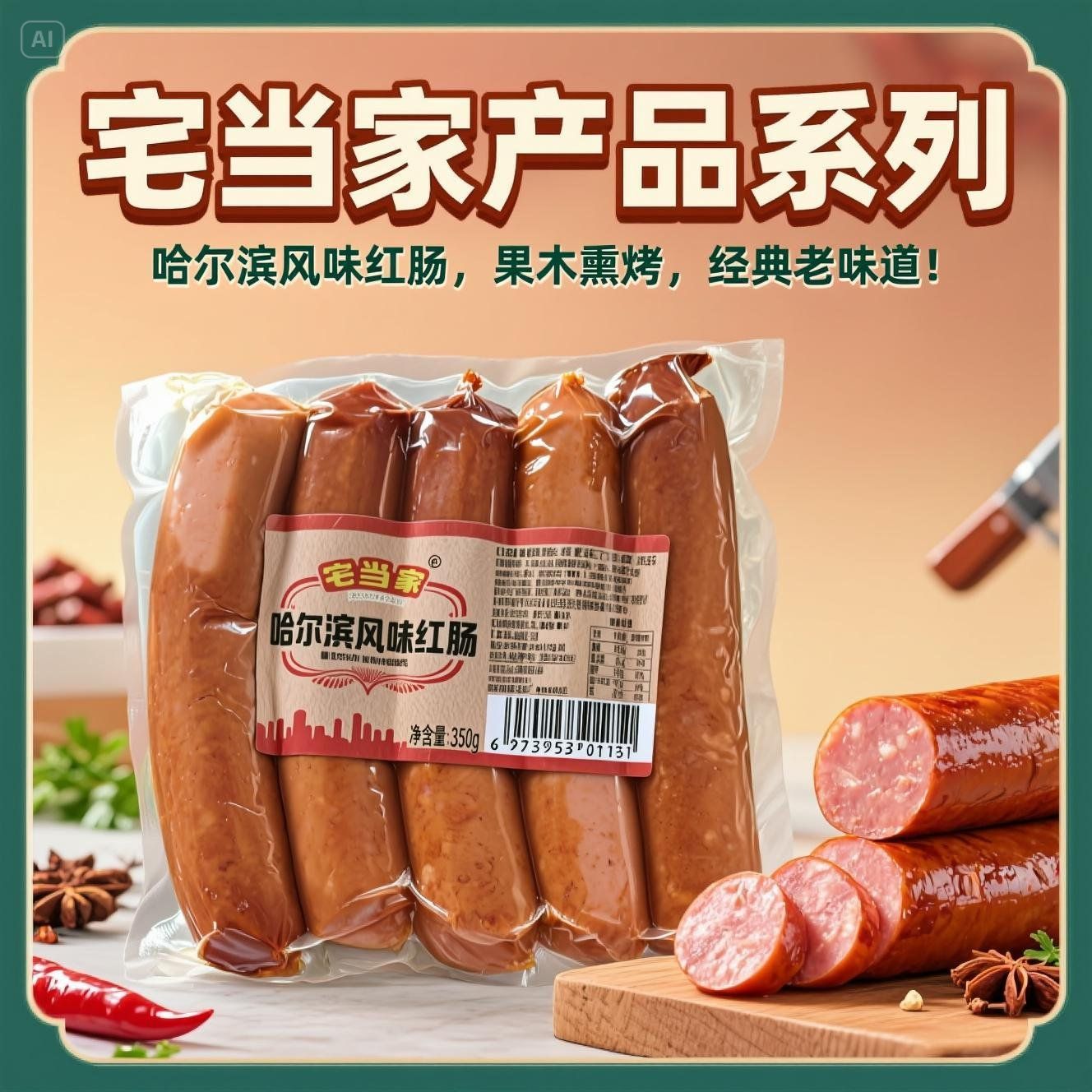 吃客熊猫&amp;宅当家传统哈尔滨风味红肠火腿肠炭烤烤肠熟食零食开袋即食香肠 350g哈尔滨红肠【*2袋】