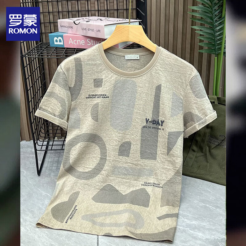 罗蒙冰丝凉感短袖t恤男2026夏季新款男士字母印花半袖衫圆领透气上衣 G100杏色 XL 约125-140斤