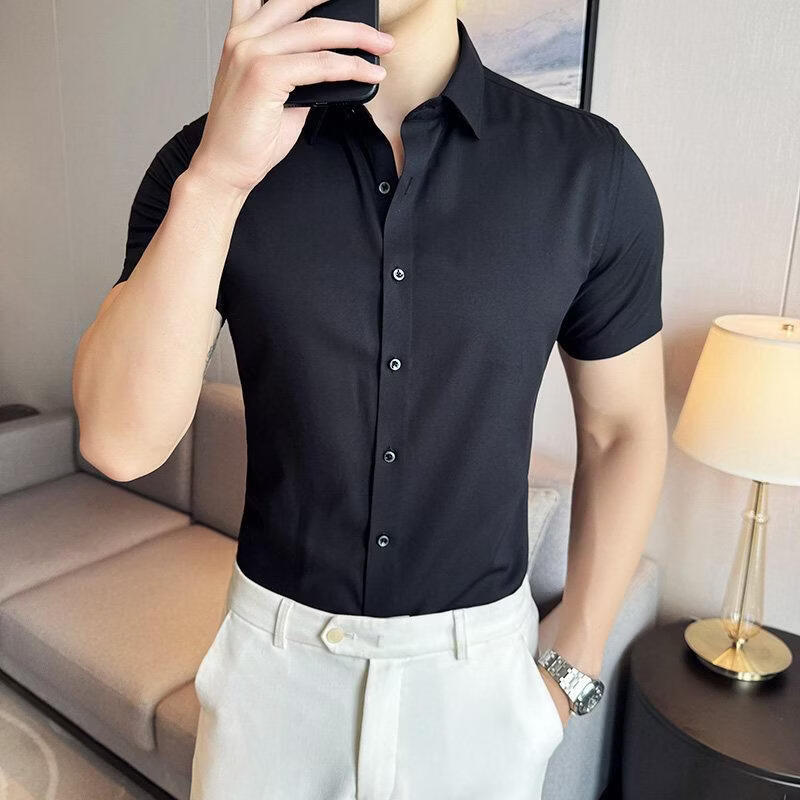 莫代尔商务休闲短袖衬衫男士薄款修身纯色免烫冰丝面料高级感衬衣 浅灰色 4XL