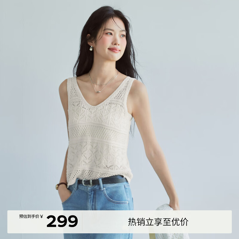 伊芙丽（eifini）朱珠代言度假风毛衫镂空V领无袖针织套头衫女上衣2025新款 米白 套头衫 M 105-115斤