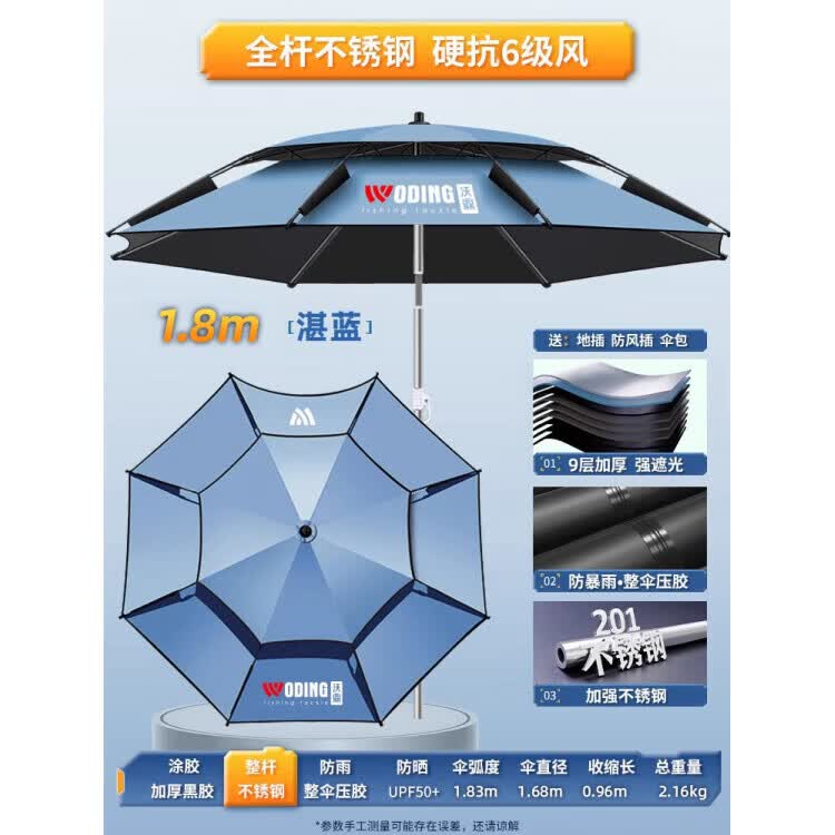 沃鼎钓伞2026新款机械臂钓鱼伞户外专用遮阳伞加厚防晒防转拐杖伞 1.8米 增强【整杆12棱不锈钢 防暴风雨】湛蓝