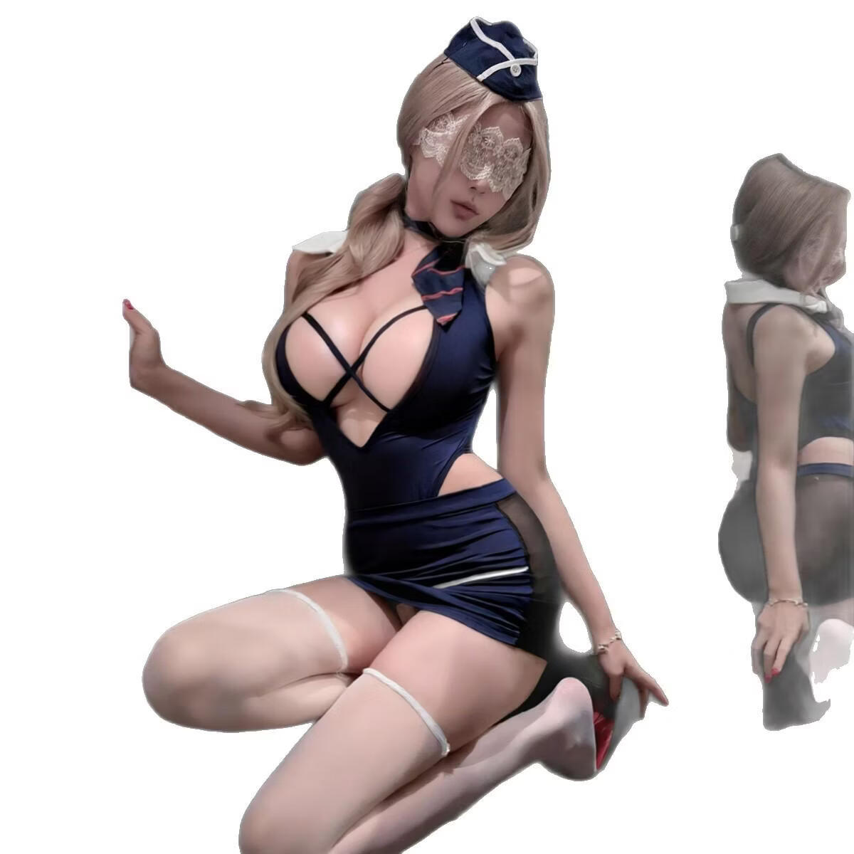 柠檬物语（ningmengwuyu）情趣内衣空姐包臀裙套装制服诱惑调情深V纯欲情趣女制服 9680+模特同款袜+白眼罩 均码【80-130斤】