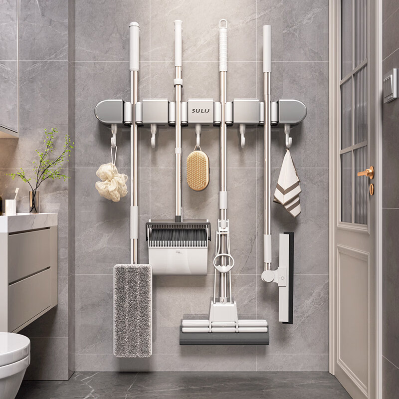 咏幻卫生间置物架浴室架子厕所洗手间拖把壁挂夹免打孔墙上收纳架神器 象牙白丨2夹3钩