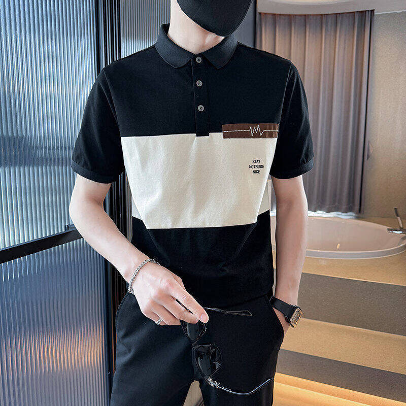 JPUZ男士短袖t恤2026新款夏季拼接感痞帅夏装衣服男款polo衫上衣 黑色【优品质】 M 建议90-110斤