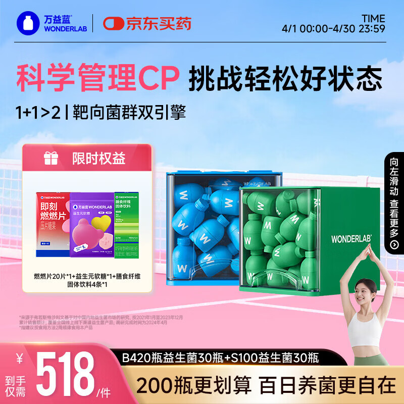 万益蓝WonderLab早B420晚S100组合30瓶+30瓶 B420+S100益生菌元棕色脂肪