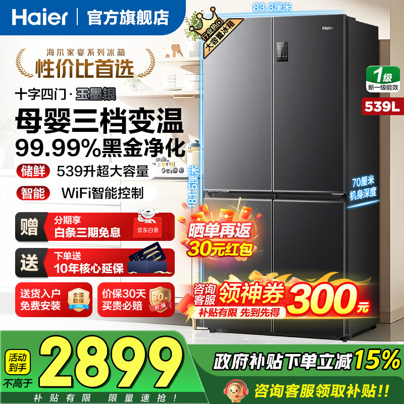 海尔（Haier）539升冰箱双开门十字四开门一级能效变频节能黑金净化抗菌家用电冰箱 家电国家补贴 539升大容量+一级能效更省电+黑金净化抗菌