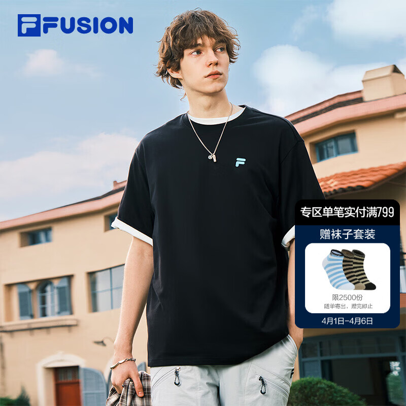 FILA FUSION斐乐潮牌情侣款针织短袖衫2026春新款凉感休闲宽松纯棉T恤 正黑色-BK M 170/92A/M