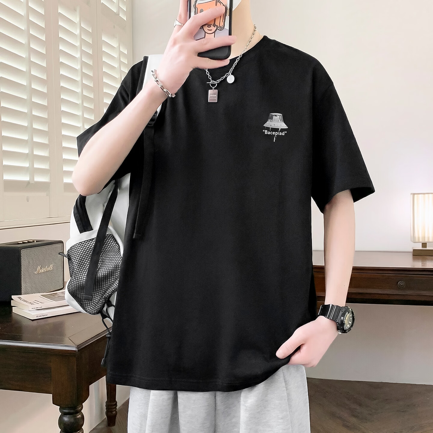 轩程短袖t恤男2026夏季宽松大码潮流港风男装半袖打底衫男 T8510绿色 2XL (185)