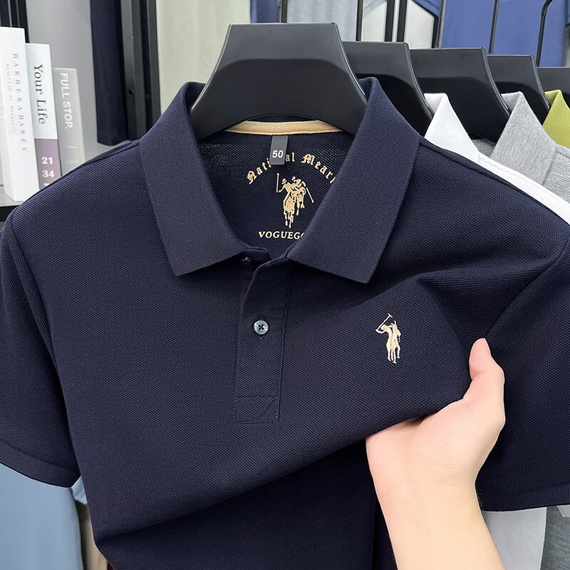 尺度保罗100%纯棉短袖T恤男士夏季薄款透气绣花商务休闲宽松大码POLO衫男 IG83318花灰 L 推荐120-135斤