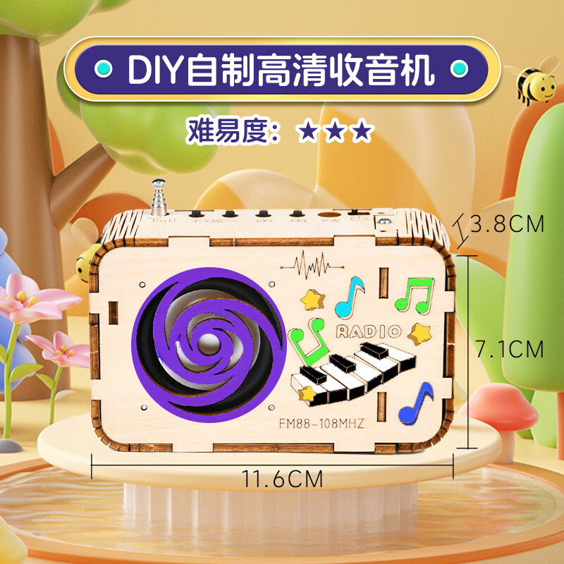 【科技小制作】儿童DIY拼装电路开关录收音机对讲机手工科学实验 高清收音机（6色颜料+2个电池） 高品质椴木-DYI上色