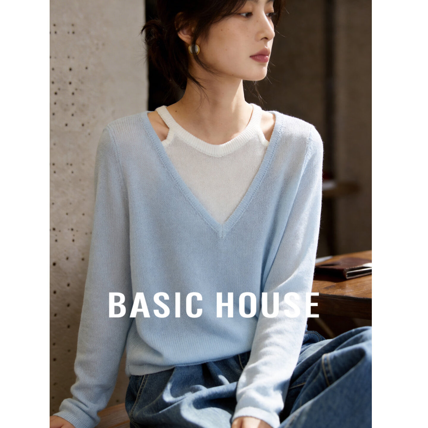 Basic House/百家好莱赛尔假两件露肩针织衫女春夏新款宽松长袖薄款透气上衣 蓝色 M