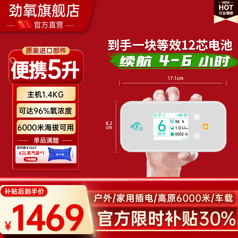 劲氧中国品牌便携式制氧机老人用户外随身高原车载氧气机可充电吸氧机 26款便携5升ROC-002(一块等效12芯)