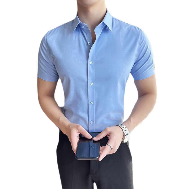 莫代尔商务休闲短袖衬衫男士薄款修身纯色免烫冰丝面料高级感衬衣 浅灰色 4XL