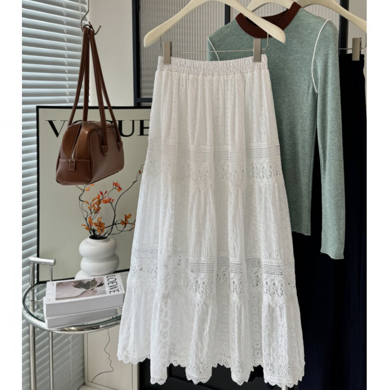 衣库优选重工刺绣半裙蕾丝时尚镂空蛋糕裙半身裙女春夏长裙a字裙仙女 白-优衣女装库品牌商场撤柜- 均码