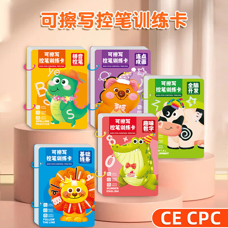 控笔训练本儿童早教入门基础练字幼儿园可擦写纸趣味宝宝练习卡片 控笔训练卡【全套5本】+4笔+1板擦