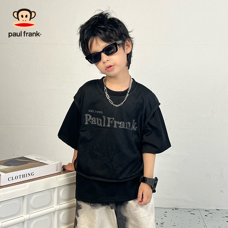大嘴猴（paul frank）童装儿童短袖T恤2025款男女童宽松舒适休闲纯棉中大童上衣 97F黑色 150