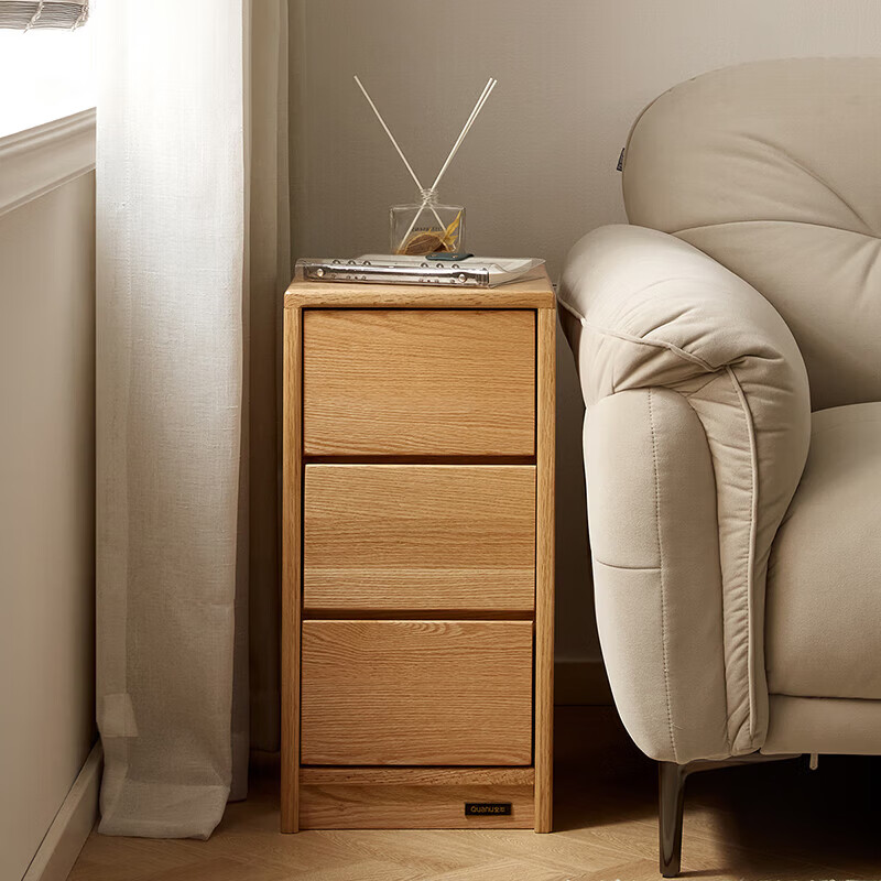 全友家居原木风实木斗柜组合卧室家用床头柜客厅沙发边柜窄缝收纳柜子 【原木色 | 红橡木】三斗柜