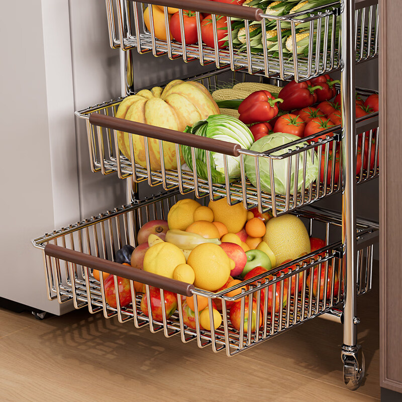 咏幻中古风厨房置物架小推车多功能夹缝多层果蔬菜篮零食可移动收纳架 加宽款 四层黑岩轮