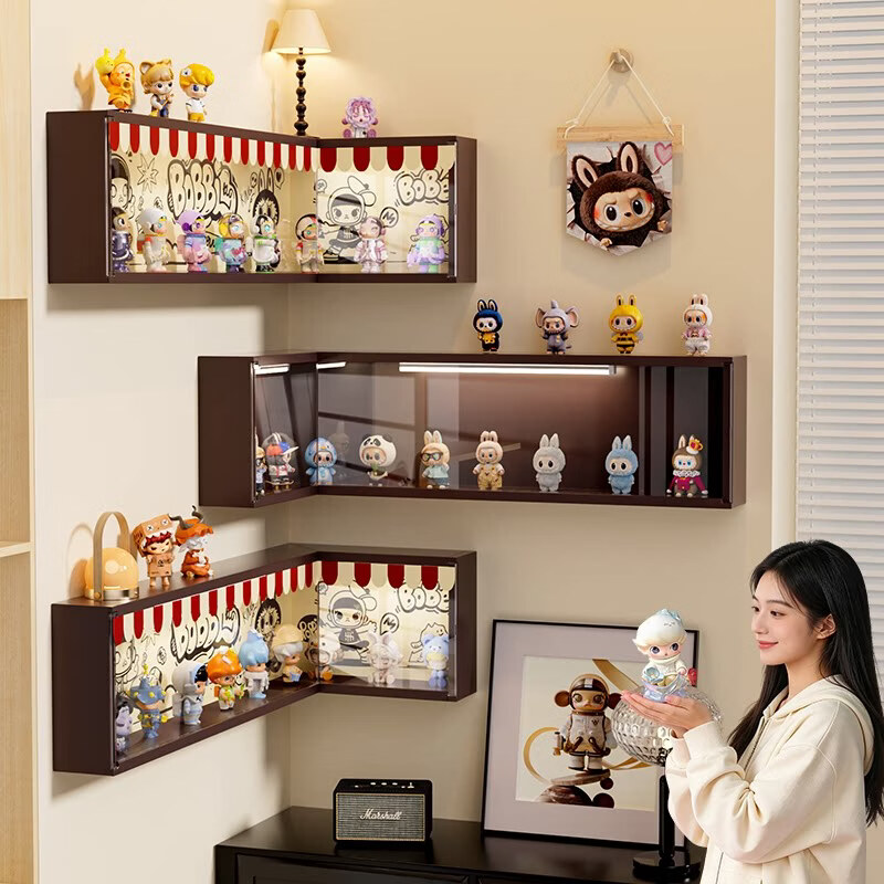 艾仕可（ASCOR）手办收纳盒盲盒展示架上墙转角陈列泡泡玛特展示柜壁挂防尘置物架 中古风【基础款】60*30*20CM-赠水平仪