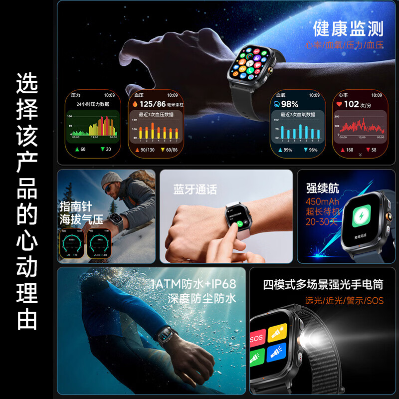 KPEP【GPS多星定位】北斗GPS定位轨迹户外跑步防水心率血氧睡眠监手表 硅胶黑