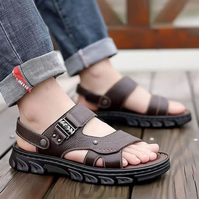 【100%真皮】男士凉鞋夏季新款防滑泡水软底真皮牛皮沙滩男凉拖鞋 「仿真+7」黑 泡水版 43 偏小一码