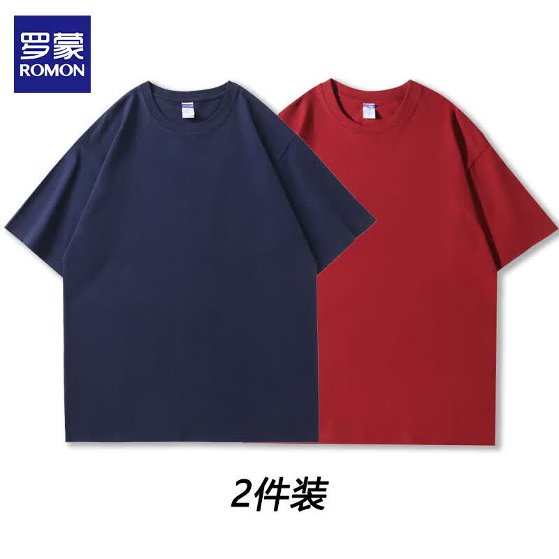 罗蒙【2件装】纯棉短袖男款夏季t恤男纯色宽松打底衫男装衣服男士短袖 818白色+藏青色 XL 约140-160斤