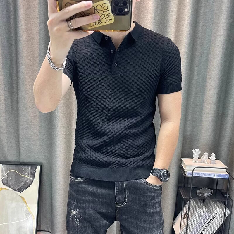iosn2025年夏季新款纯色翻领针织衫短袖弹力时尚流行男士半袖上衣 黑色 M
