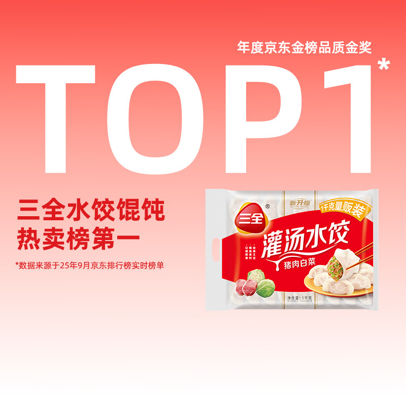 三全灌汤猪肉白菜水饺1kg约54只饺子速冻食品早餐蒸饺煎饺 