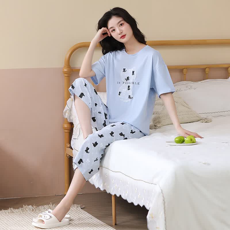 芬腾睡衣女士纯棉夏季薄款短袖七分裤休闲夏天清新熊猫家居服套装 FX26921593冰兰 XL 建议125-145斤