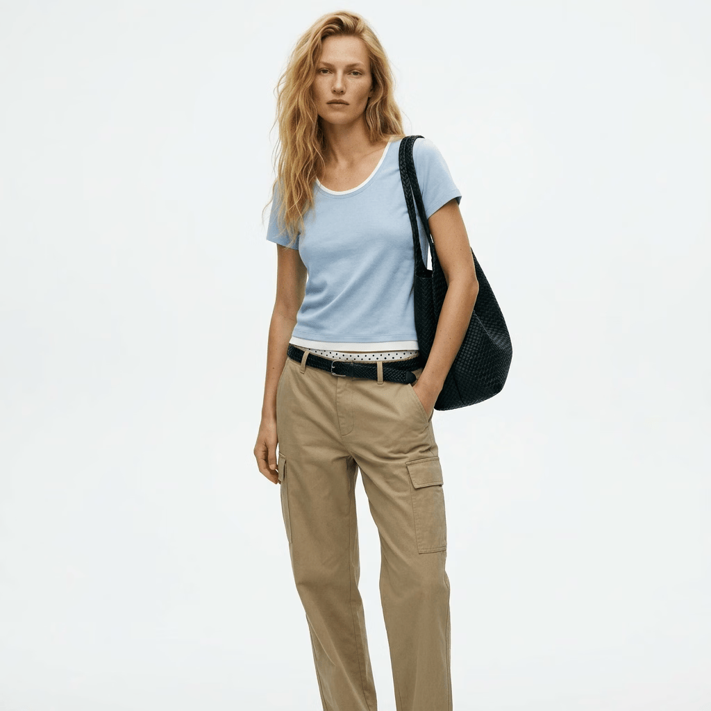 【鹦鹉梨严选】莱赛尔亚麻假两件短袖T2026春女装短袖打底衫 蓝拼白 M