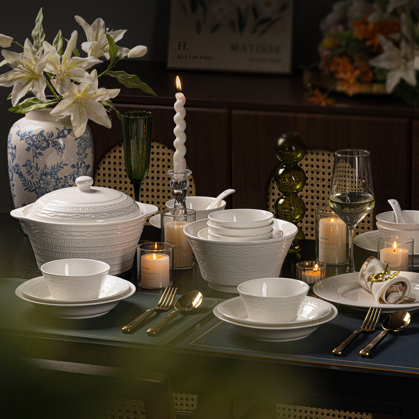 咏幻碗碟套装家用陶瓷餐具景德镇简约碗具釉下彩纯白碗盘碗筷盘子乔迁 美满吉祥6人食32件套[汤碗配置][礼盒包装]