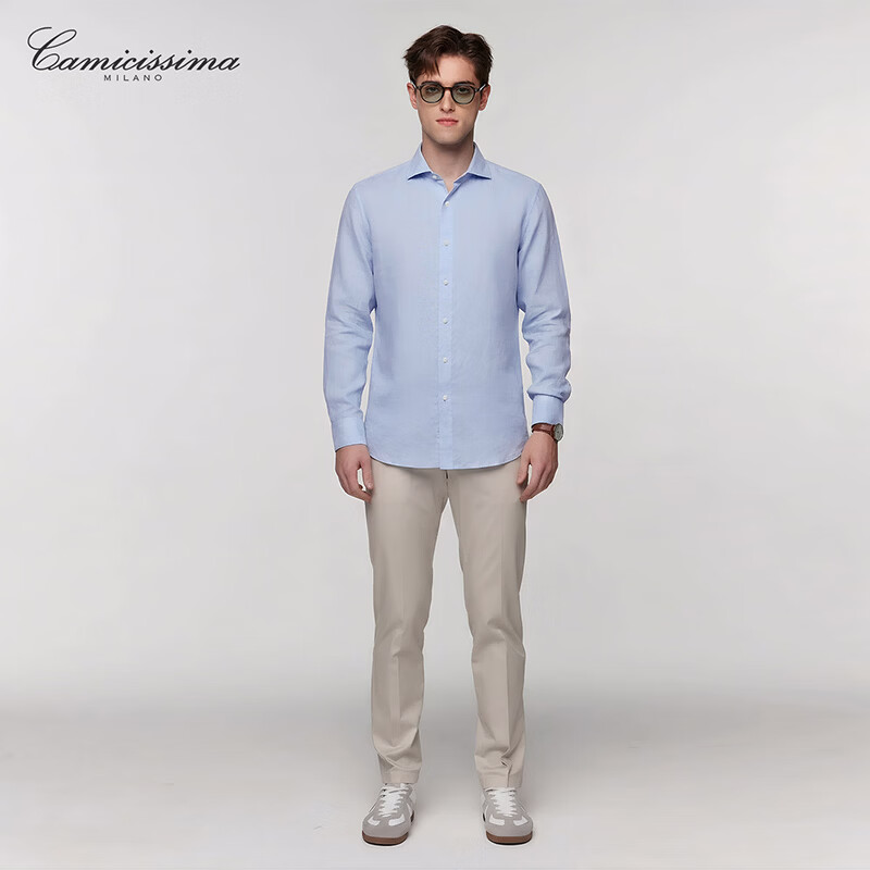 恺米切(CAMICISSIMA)商务休闲春夏透气亚麻长袖衬衫 蓝色长袖衬衫男 蓝色 43