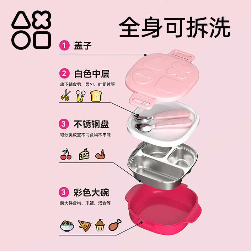 奥克兔兔(Octoto)宝宝餐盘婴儿辅食碗1-3岁儿童多功能便携316L不锈钢食品级饭盒 夏日黄(餐盘+叉勺+剪刀)