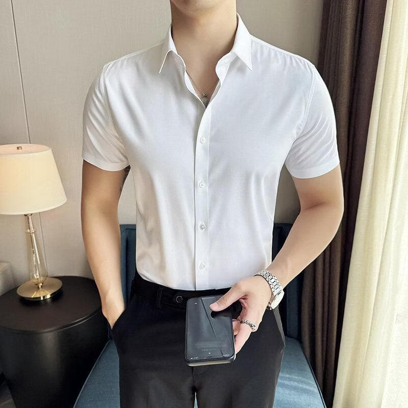 莫代尔商务休闲短袖衬衫男士薄款修身纯色免烫冰丝面料高级感衬衣 浅灰色 4XL