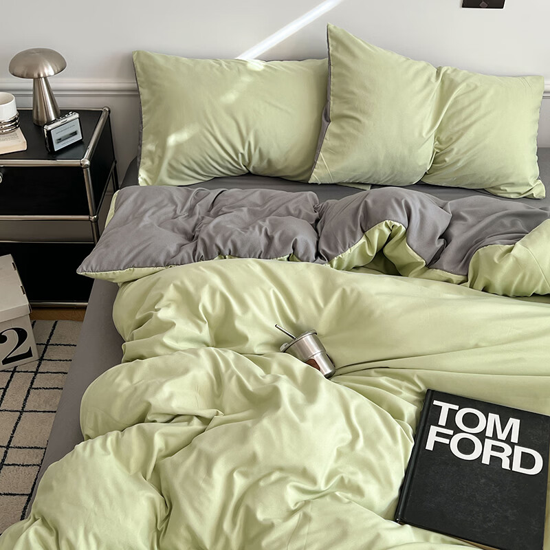 雅鹿ins简约水洗棉被套床单被罩学生宿舍三件套150x200双人纯色四件套 绿浅灰【10A抗菌 可裸睡】 2.0床单四件套 床单款 (被套200*230cm)