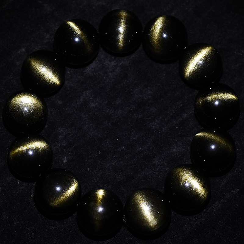 黑曜石金眼手链 金曜石双猫眼男女情侣款水晶手串 珍藏金曜石猫眼手链