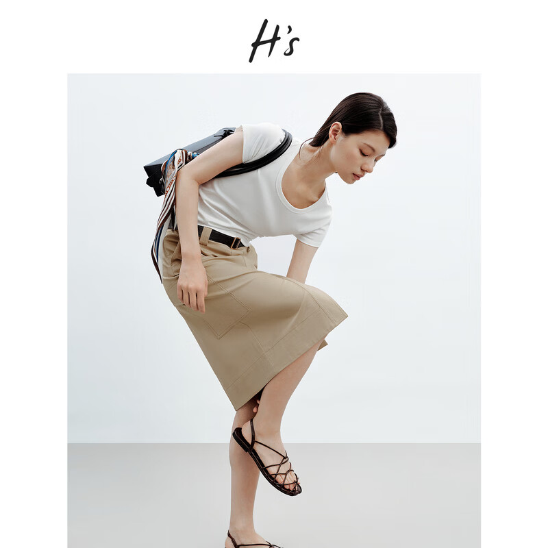 H's半身裙女26夏季新款高级设计感莱赛尔混纺中高腰宽松直筒腰裙 沙丘色 S