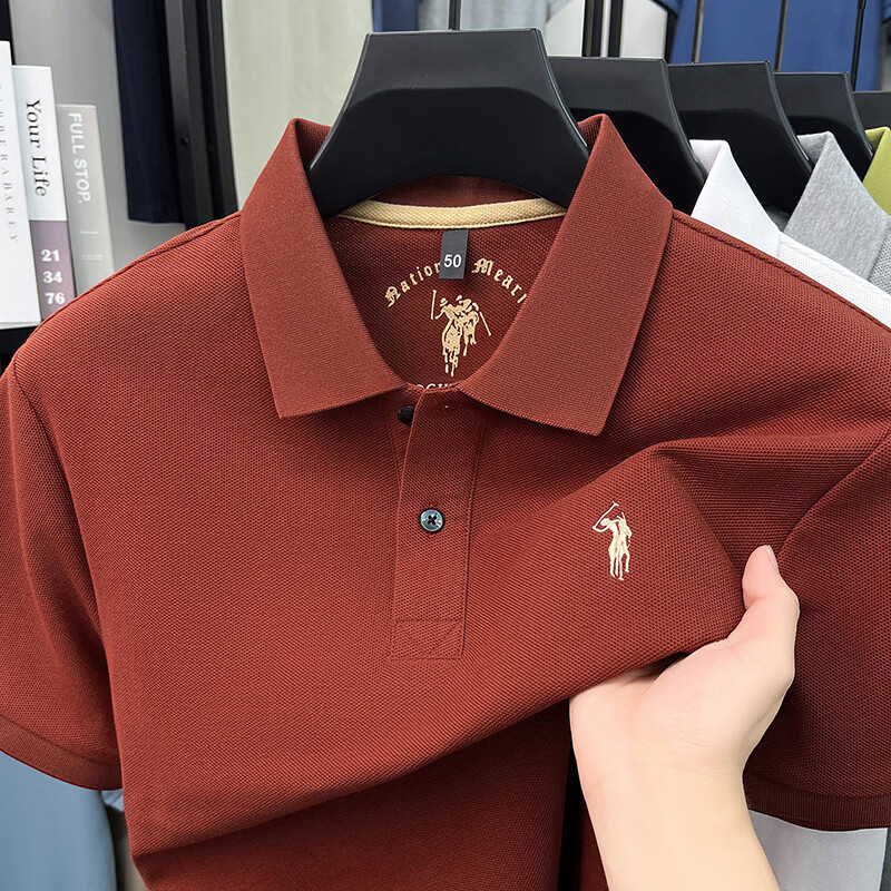 尺度保罗100%纯棉短袖T恤男士夏季薄款透气绣花商务休闲宽松大码POLO衫男 IG83318花灰 L 推荐120-135斤