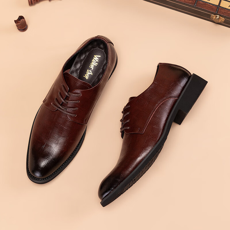Walker Shop高端品牌皮鞋男款2026夏季商务正装真皮男鞋通勤休闲增高软底皮鞋 棕色内增高【品牌男鞋 礼盒包装】 40