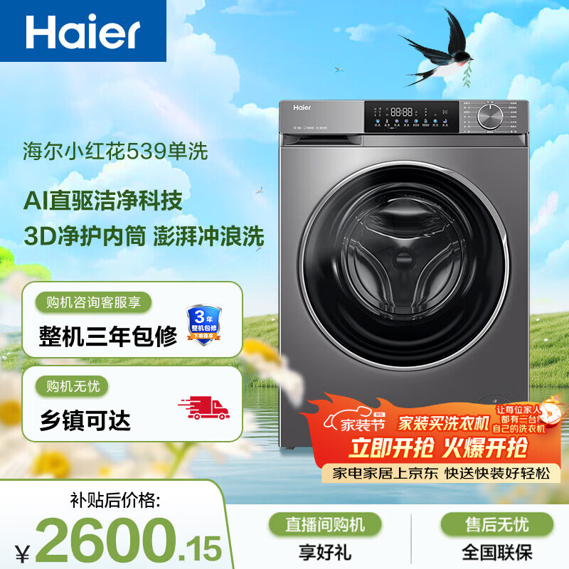 海尔（Haier）小红花 全自动滚筒洗衣机10KG 超薄直驱 冲浪洗 减震降噪 家电京东自营 XQG100-BD539S