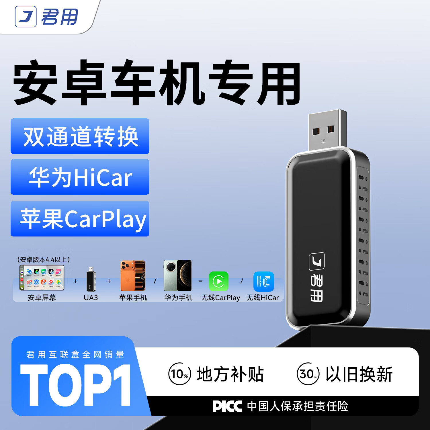 君用安卓车机转华为HiCar无线苹果CarPlay盒子 UA3【华为苹果二合一】