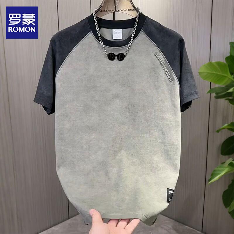 罗蒙2026夏季新款设计感短袖男轻奢扎染潮流上衣百搭圆领半袖T恤男装 146青灰 2XL 约145-155斤