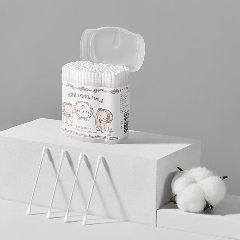 嫚熙（EMXEE）婴儿棉签掏耳宝宝专用挖耳朵鼻屎细儿童棉签新生婴儿双头棉棒 耳勺棉签(1盒装共200支)