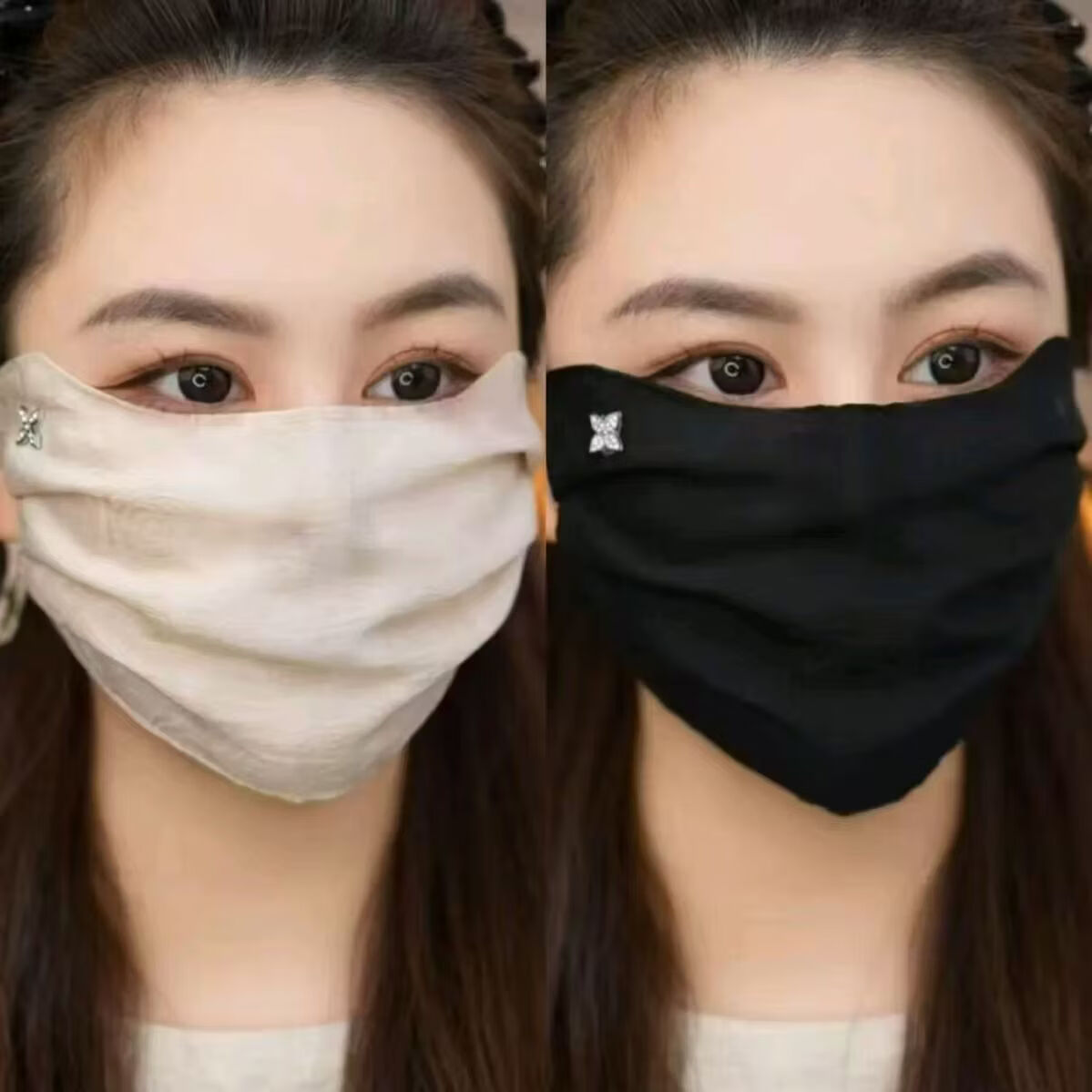 夏季防晒口罩女士高颜值遮阳骑行开车薄款透气可调节面罩护眼角M 【拍一发二】香槟色+黑色（各1个共2个装）