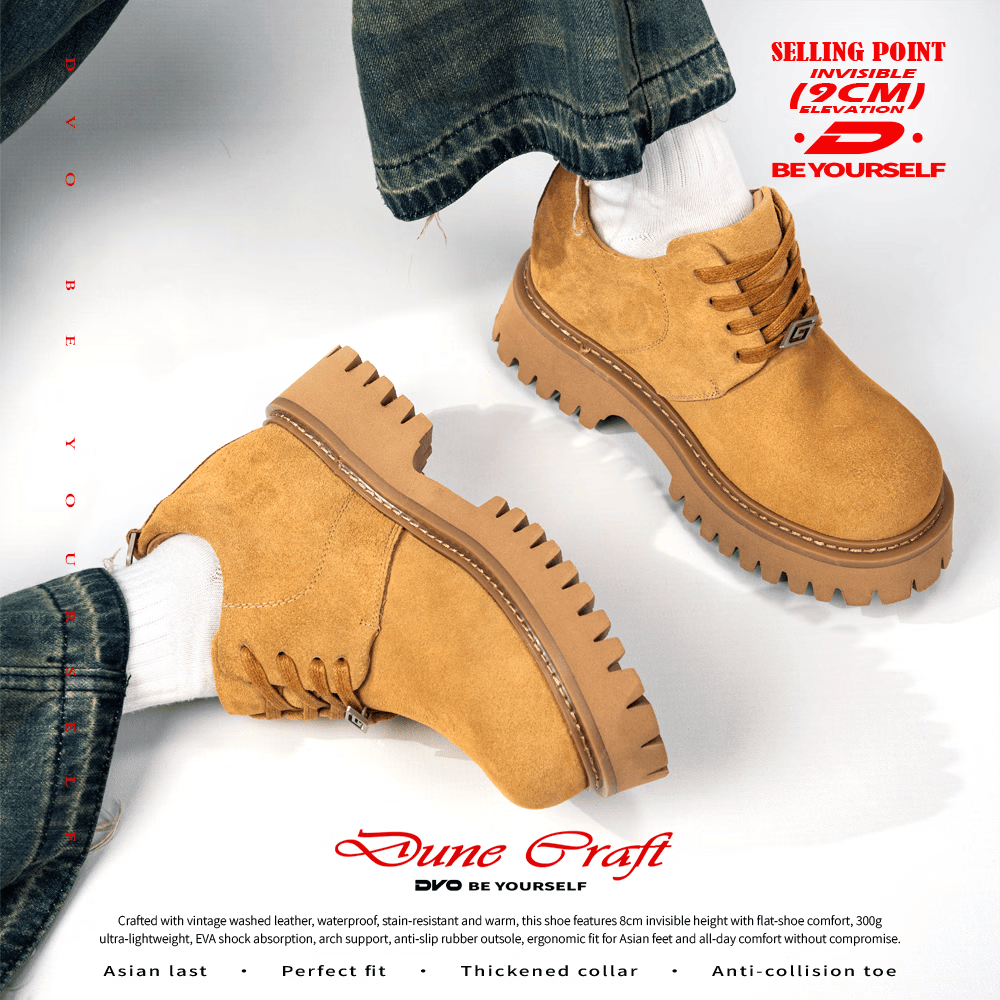 DVO9CM隐形增高鞋男士夏季复古大头德比鞋厚底休闲工装鞋低帮马丁靴 黄色 41 男码