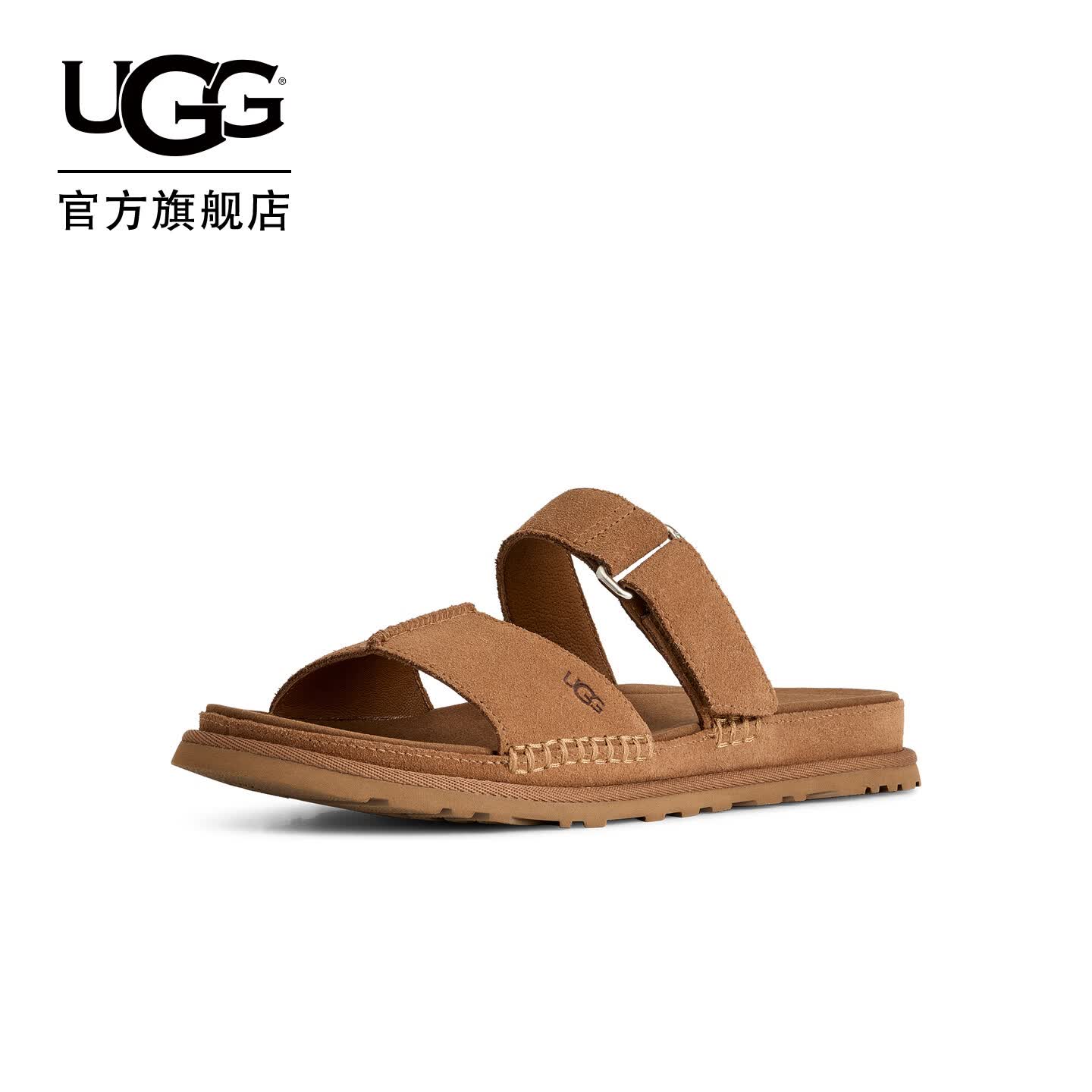 UGG夏季新款女士舒适时尚露趾平底一字简约炫金休闲拖鞋 1178590 CHE|栗色 38