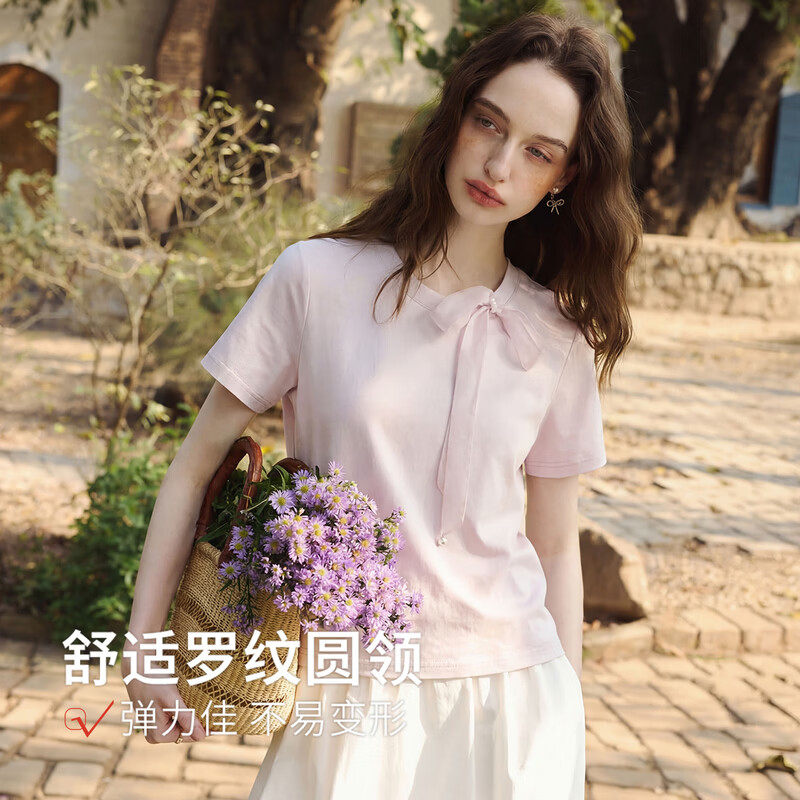 Olrain欧芮儿可拆卸飘带法式设计感短袖T恤女夏季2026新款正肩圆领上衣 浅紫色 M