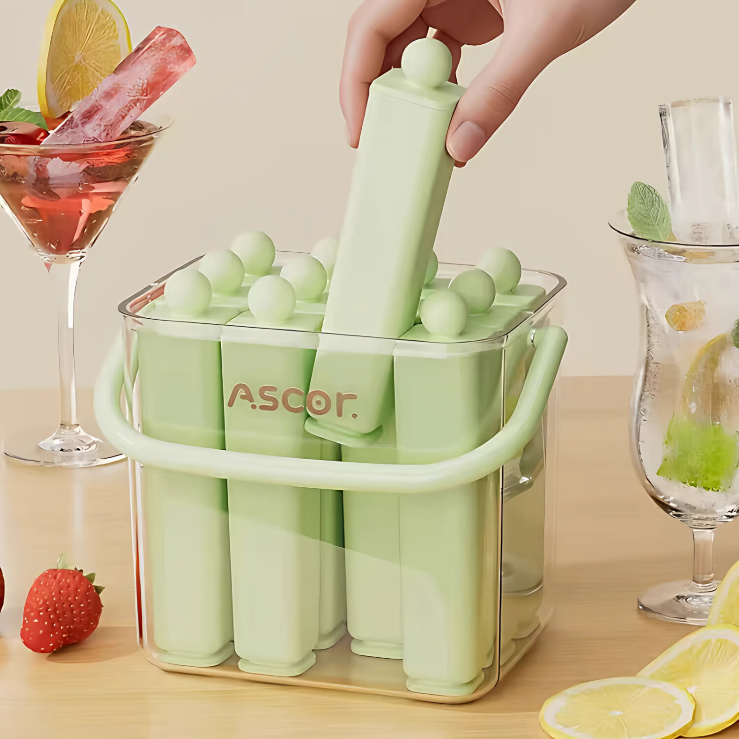 艾仕可（ASCOR）长条冰块冰格模具家用硅胶食品级冷冻格冰箱制冰神器冰淇淋储存盒 青提绿-6条单个装