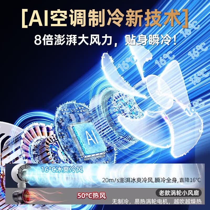 德国品质手持小风扇半导体制冷小风扇2026新款学生静音涡轮桌面小风炮高速大风力充电风扇超长续航 经典天空蓝丨16℃冰感风丨半导体